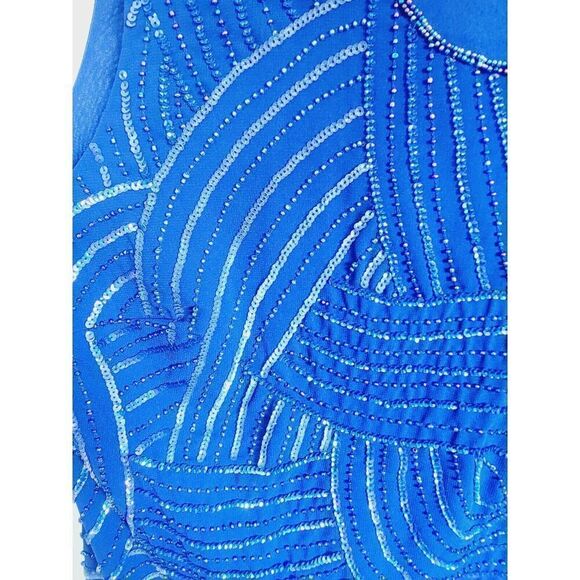 Midnight Velvet 1X Top Blue Beaded Scoop Neck Sleeveless Vintage Lined Side Slit - Picture 5 of 6